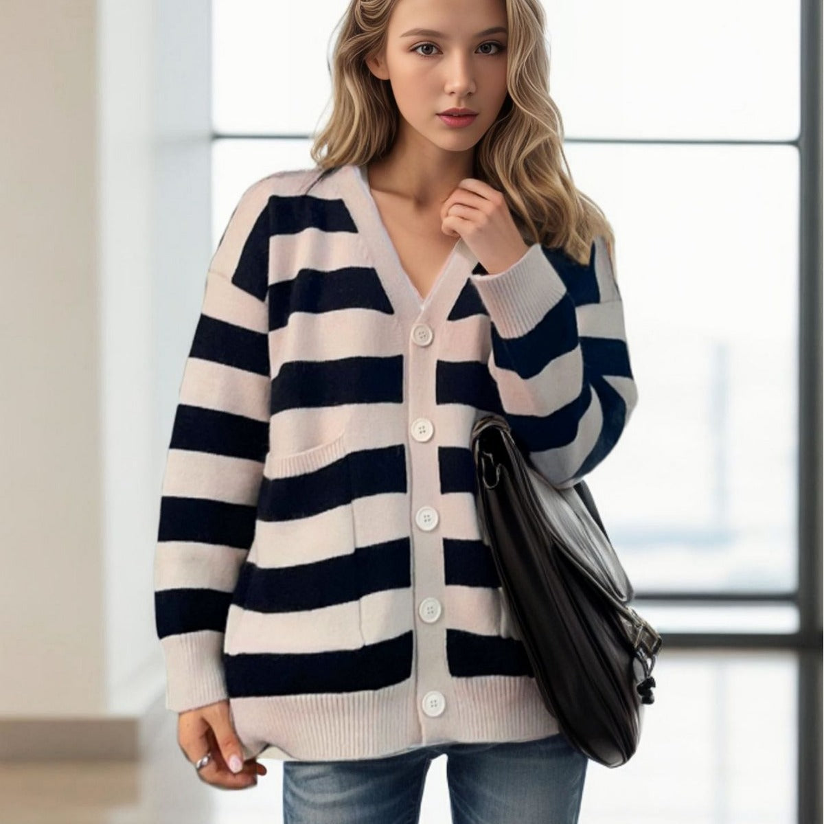 Dames Gilet en tricot décontracté avec décolleté V profond et motif rayé Chic und Stil