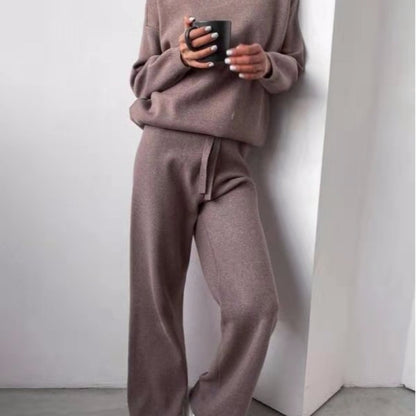 Cozy knit lounge set for women with wide pants and elegant round neck Chic and Style