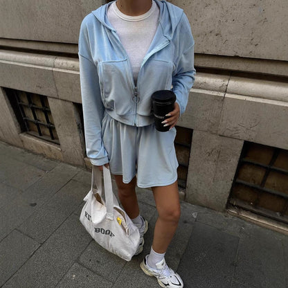 Chic and Style women's cropped velvet hoodie set and leisure shorts