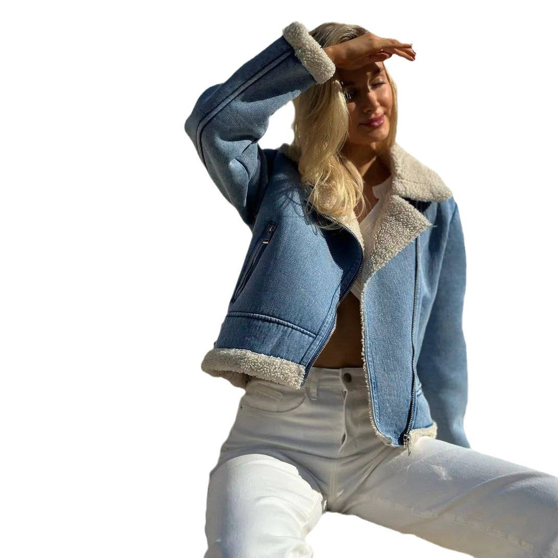 Dames cropped jeansjack met zacht Sherpa-futter Chic und Stil