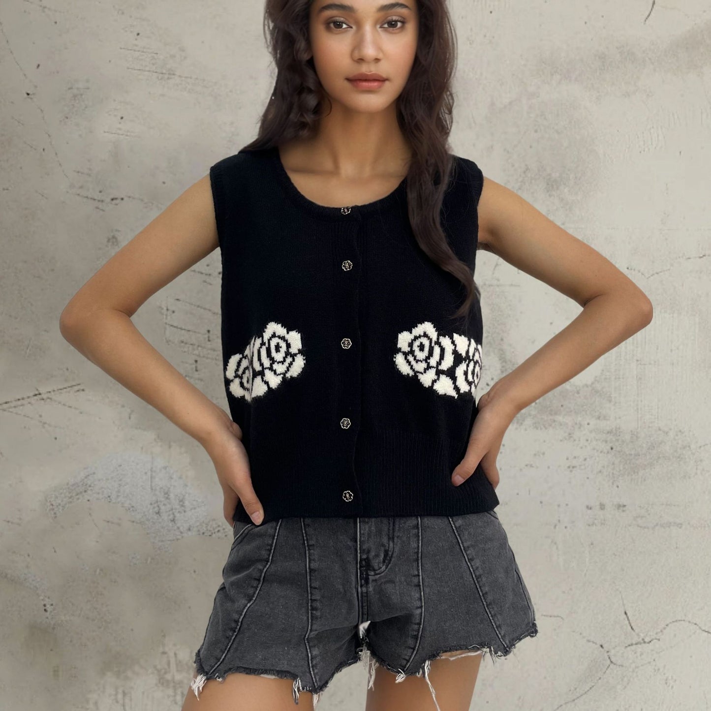 Dames gilet en tricot avec design floral et boutons confortables Chic und Stil