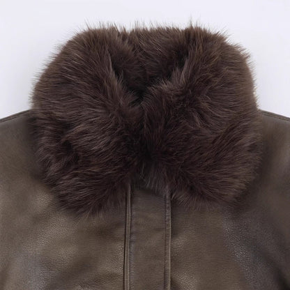 Damen Veste en similicuir avec col en fausse fourrure amovible et poches pratiques Chic und Stil