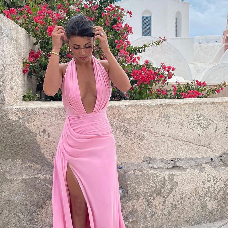 Dames Robe Maxi Halter Fente Haute Chic und Stil