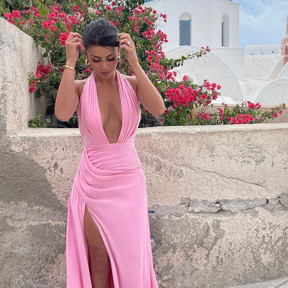 Dames Robe Maxi Halter Fente Haute Chic und Stil