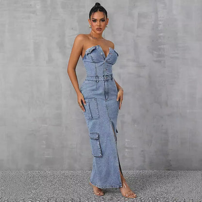 Robe maxi pour dames en look denim avec décolleté en V profond et poches pratiques Chic und Stil