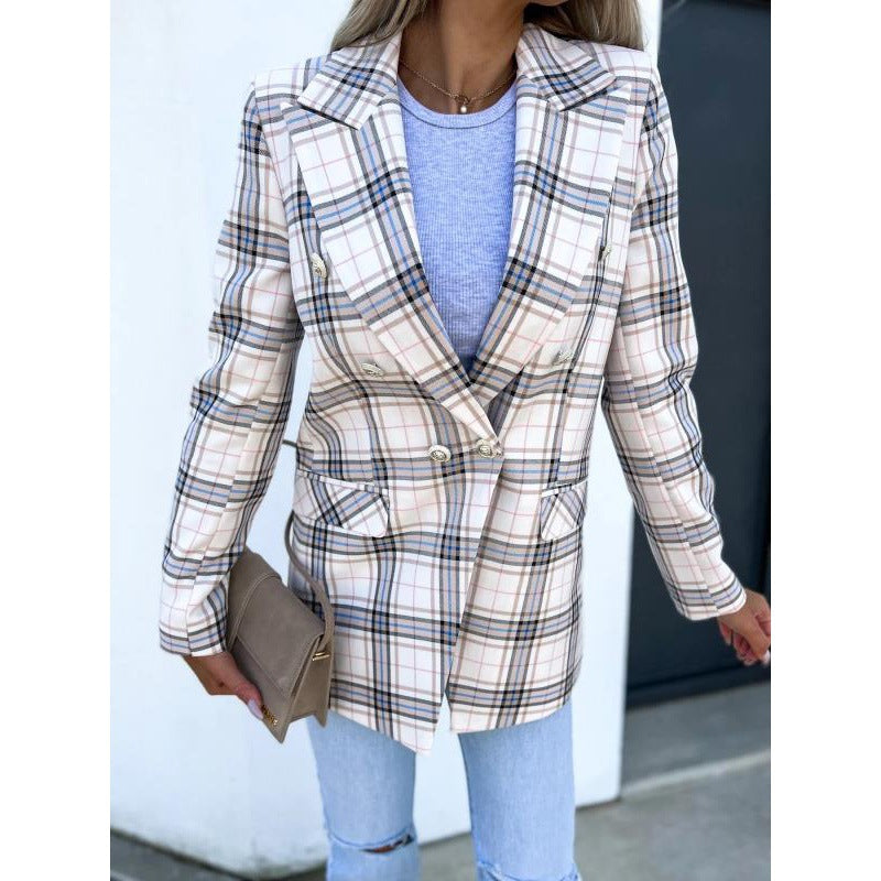 Plaid women's blazer with double-breasted buttons and stylish details Chic and Style