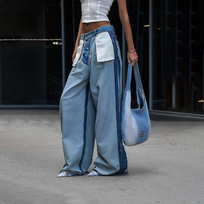 Ladies Wide Denim Pants with Contrasting Inserts Chic and Style