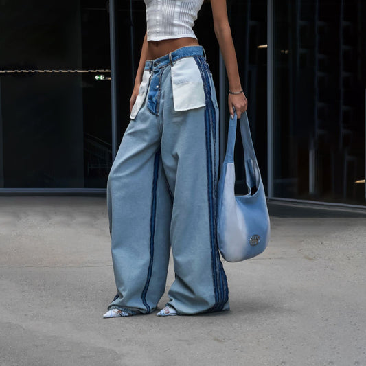 Ladies Wide Denim Pants with Contrasting Inserts Chic and Style