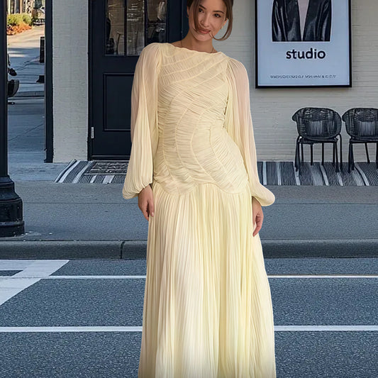 Dames Élégante Robe Maxi Plissée avec Ruches et Manches Longues Chic und Stil