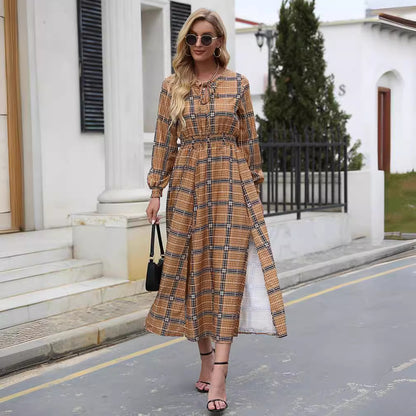 Robe maxi à motifs écossais pour femmes avec ceinture à la taille et volants Chic und Stil
