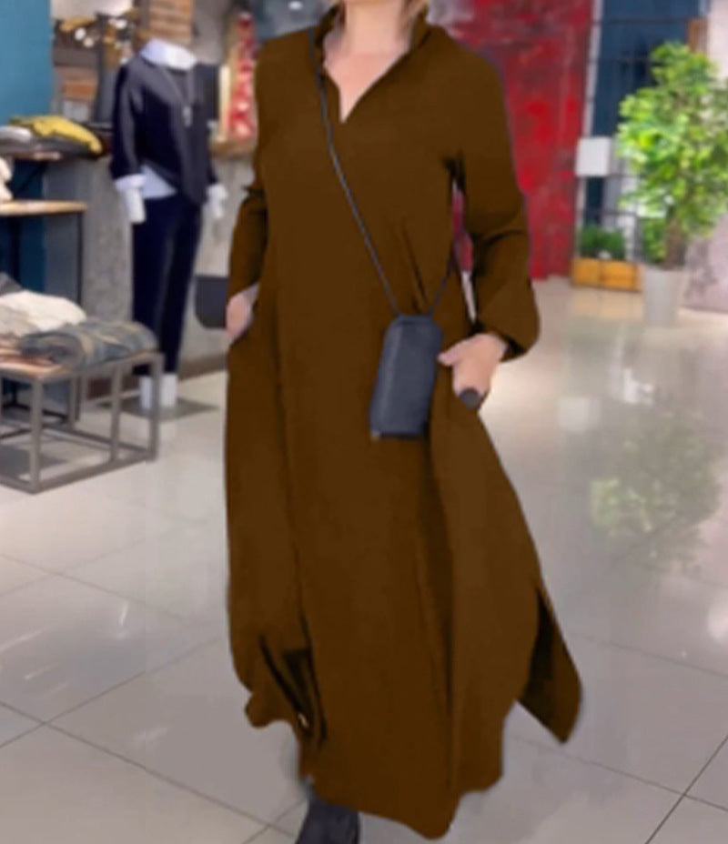 Dame Élégante robe chemise longue avec poches latérales pratiques et col Chic und Stil