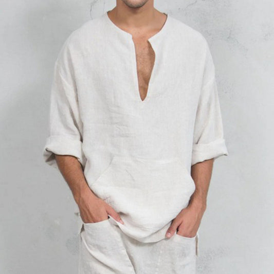 Hommes haut en lin décontracté avec encolure Henley et poche kangourou pratique Chic und Stil