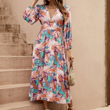 Robe maxi élégante pour dames avec décolleté en V profond et manches volumineuses Chic und Stil
