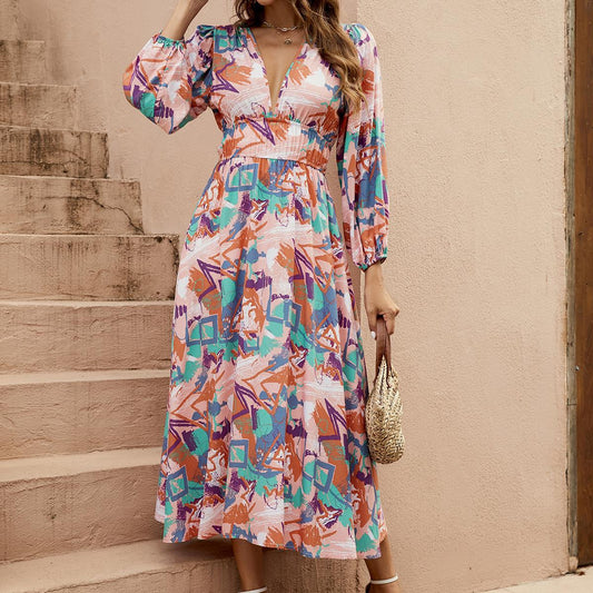 Robe maxi élégante pour dames avec décolleté en V profond et manches volumineuses Chic und Stil
