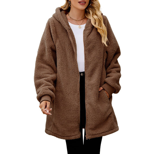 Comfortable fleece hooded coat for women with large pockets and zip Chic and Style