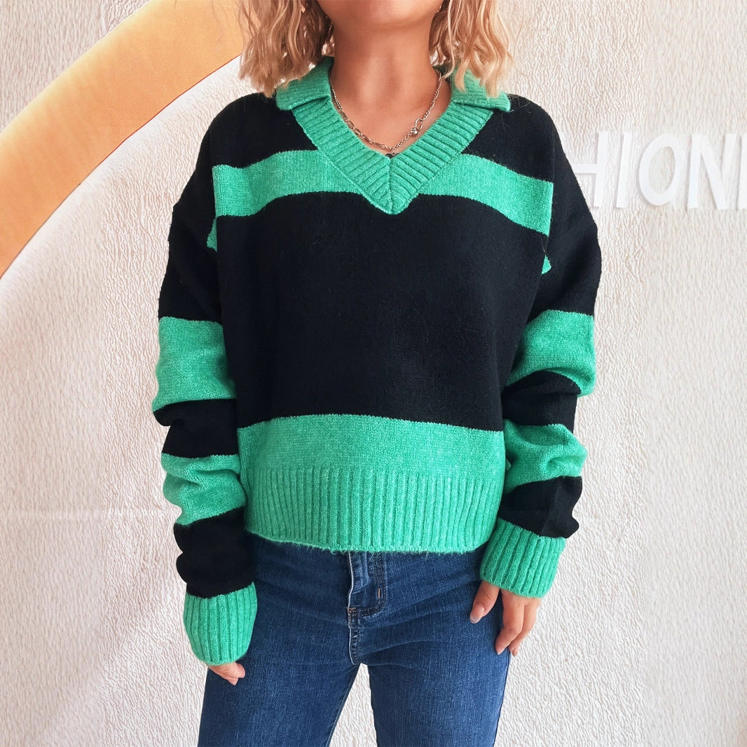 Pull en tricot pour femmes avec des rayures tendance et un col en V Chic und Stil