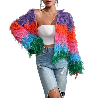 Dames cardigan en tricot à franges colorées avec un motif unique Chic und Stil