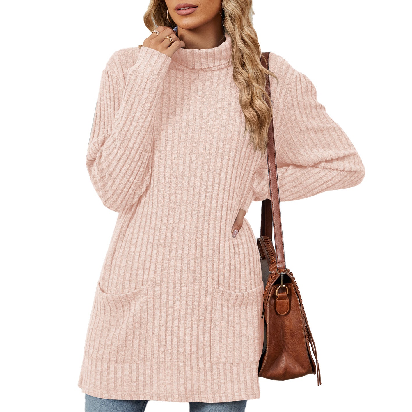 Pull en tricot surdimensionné pour femmes avec col montant et poches pratiques Chic und Stil