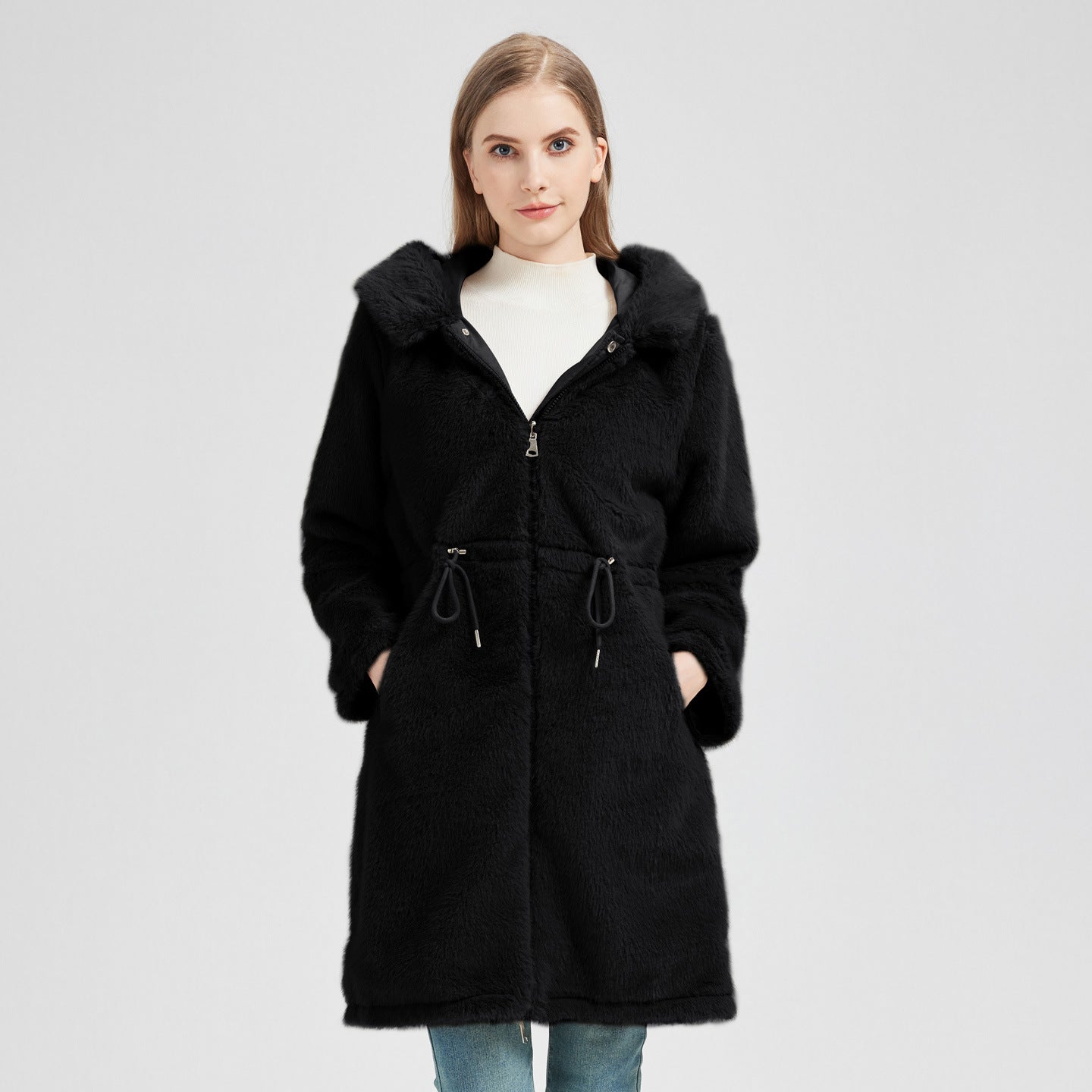 Dames élégant et chaud parka avec col en fausse fourrure amovible et détails de lacets pratiques Chic und Stil