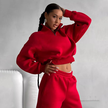 Ensemble de pull court sportif pour femmes avec col montant et taille élastique Chic und Stil
