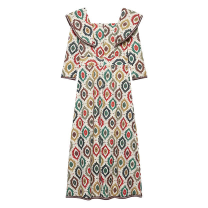 Robe midi pour femmes avec un mélange de motifs élégant et un col volumineux Chic und Stil