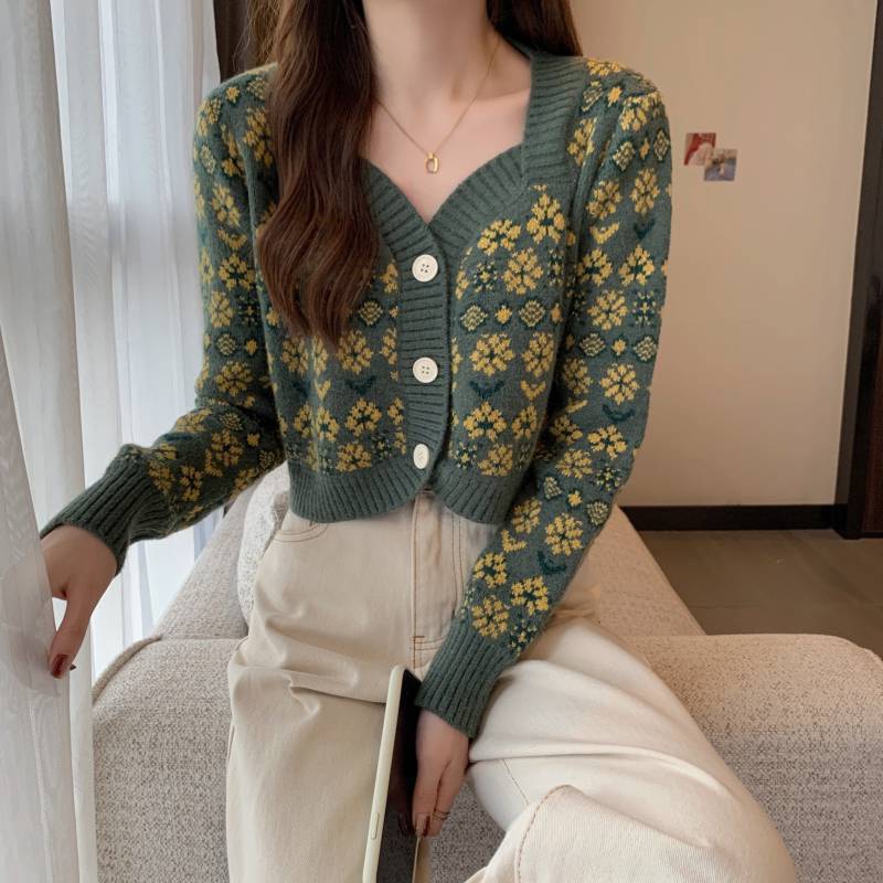 Dames jeu tricoté veste à fleurs avec larges bords Chic und Stil