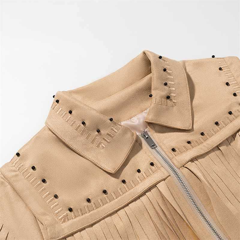 Damen trendige Wildlederjacke mit Fransen und Nieten Chic und Stil