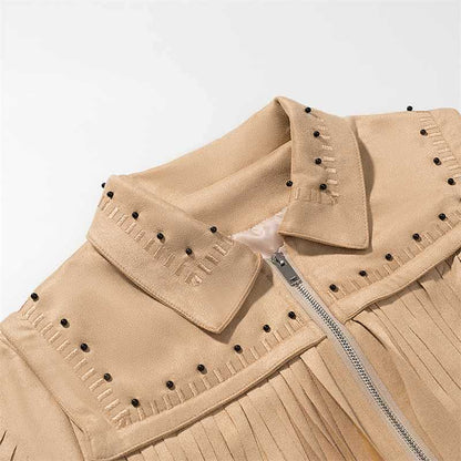Damen trendige Wildlederjacke mit Fransen und Nieten Chic und Stil