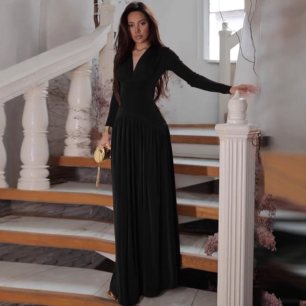 Robe maxi élégante pour femmes avec décolleté en V profond et coupe fluide Chic und Stil