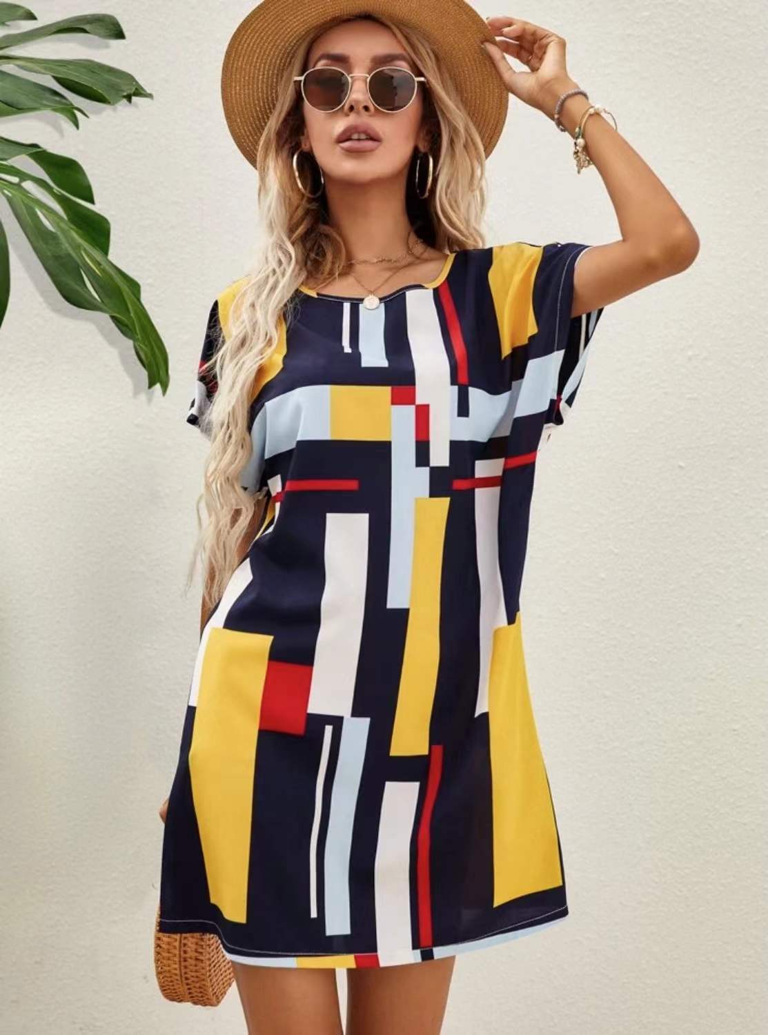 Dames Manches Courtes Imprimé Floral Tunique Robe Chic und Stil