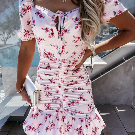 Robe mini à manches bouffantes en tulle à motifs floraux pour femmes Chic und Stil