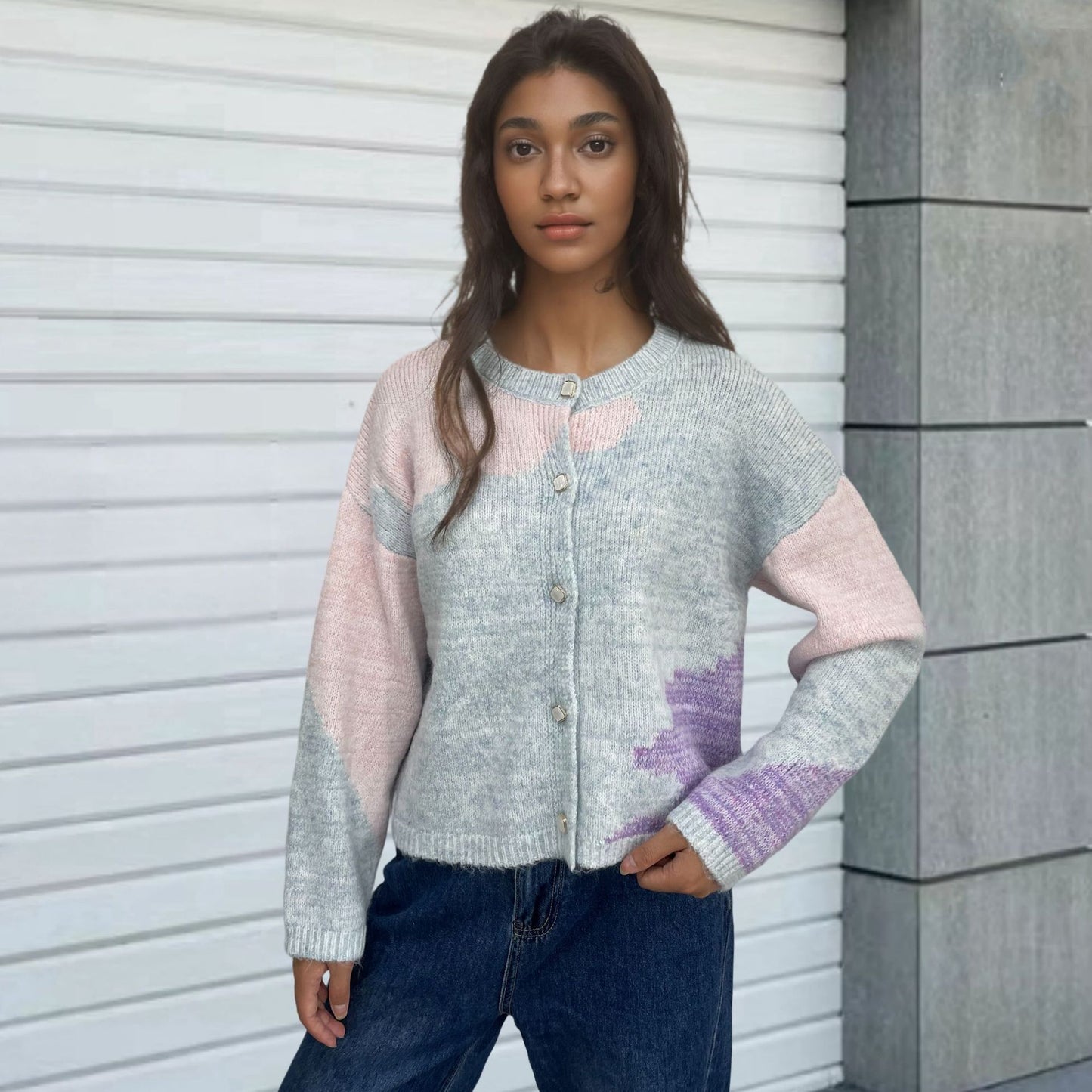 Dames Gros tricot Cardigan avec des éléments modernes de bloc de couleur Chic und Stil