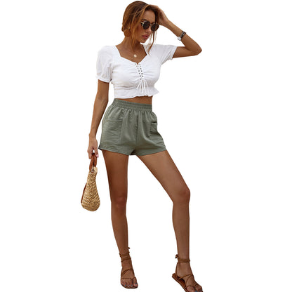Femme haut court décontracté avec goutte à nouer et shorts amples Chic und Stil