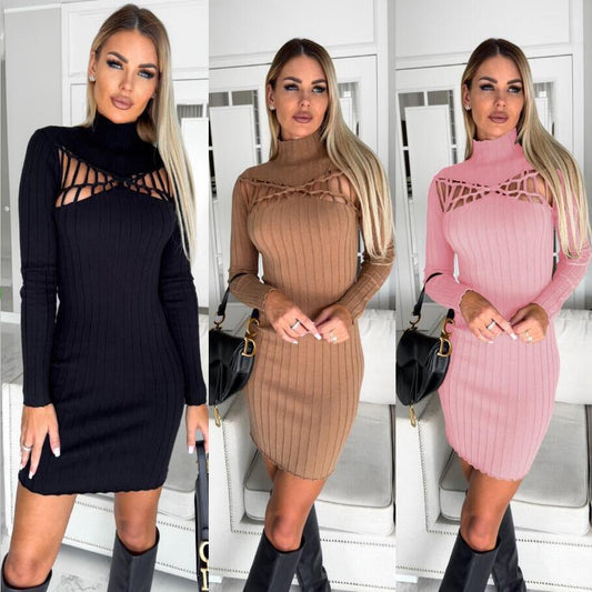 Robe bodycon à col montant en tricot côtelé pour femmes avec détails découpés Chic und Stil