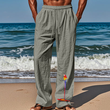 Casual beach pants for men with elastic waistband and colorful bird pattern Chic and Style