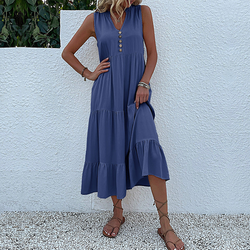 Robe maxi sans manches à volants pour femmes avec détail bouton Chic und Stil