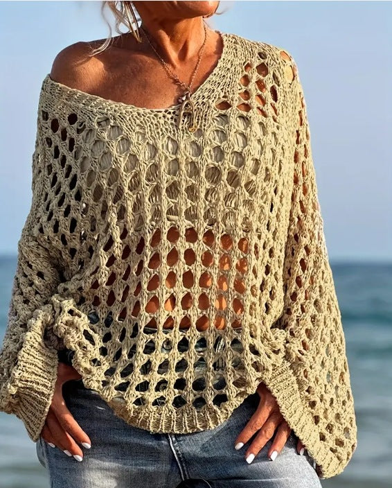 Pull en tricot à épaules dénudées pour femmes avec une structure aérée en mailles ajourées Chic und Stil