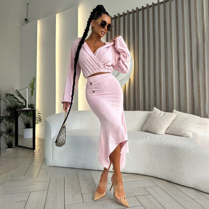 Robe portefeuille pour femmes avec ourlet asymétrique et élégantes manches bouffantes Chic und Stil