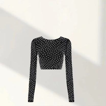 Dames Élégant Haut-Crop à Manches Longues avec Garniture de Perles Chic und Stil