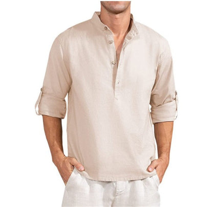 Chemise en lin pour hommes avec col montant et détails de boutons pratiques Chic und Stil