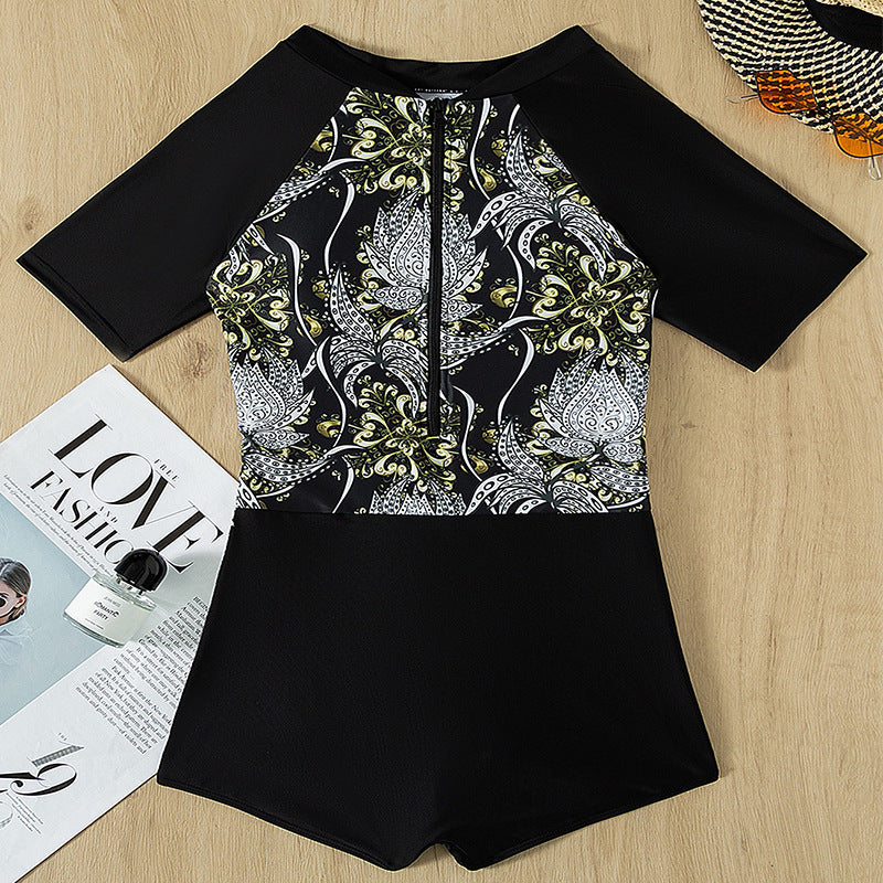 Ladies Short Sleeve Zip-Up Swimsuit Chic and Style