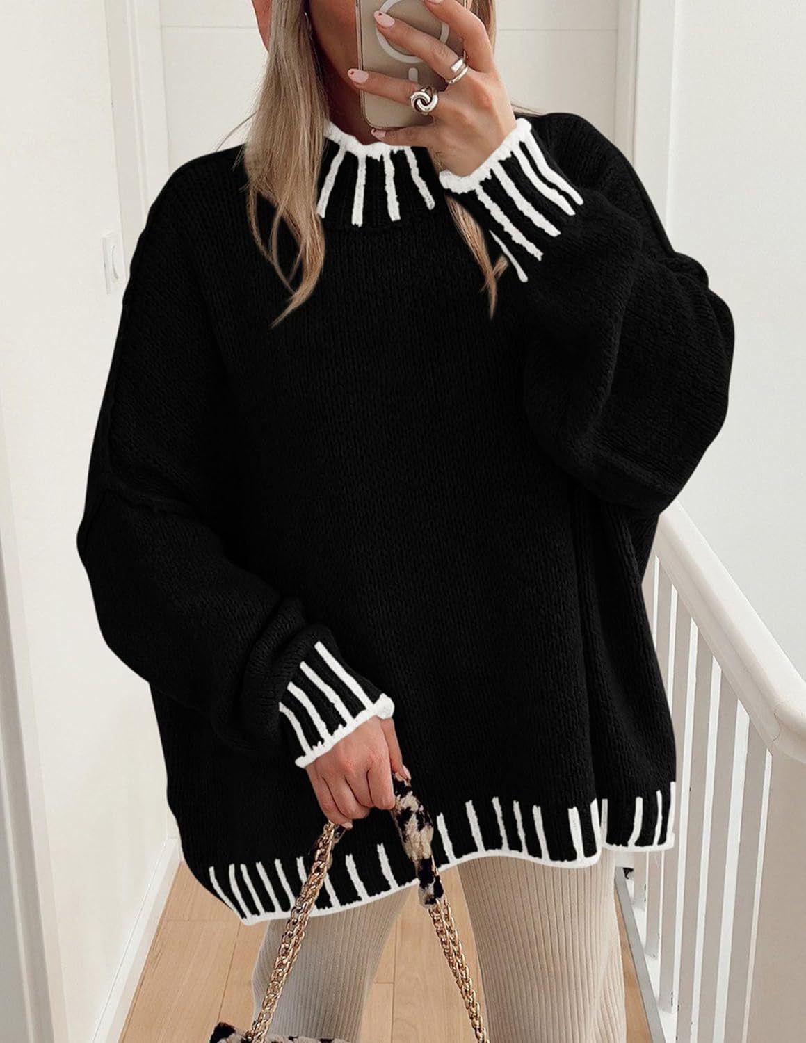 Pull en gros tricot décontracté pour femmes avec motif rayé moderne Chic und Stil