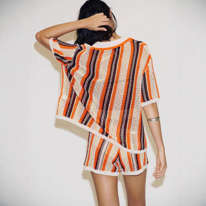 Chemise en tricot épais pour femmes avec manches courtes et rayures contrastées Chic und Stil