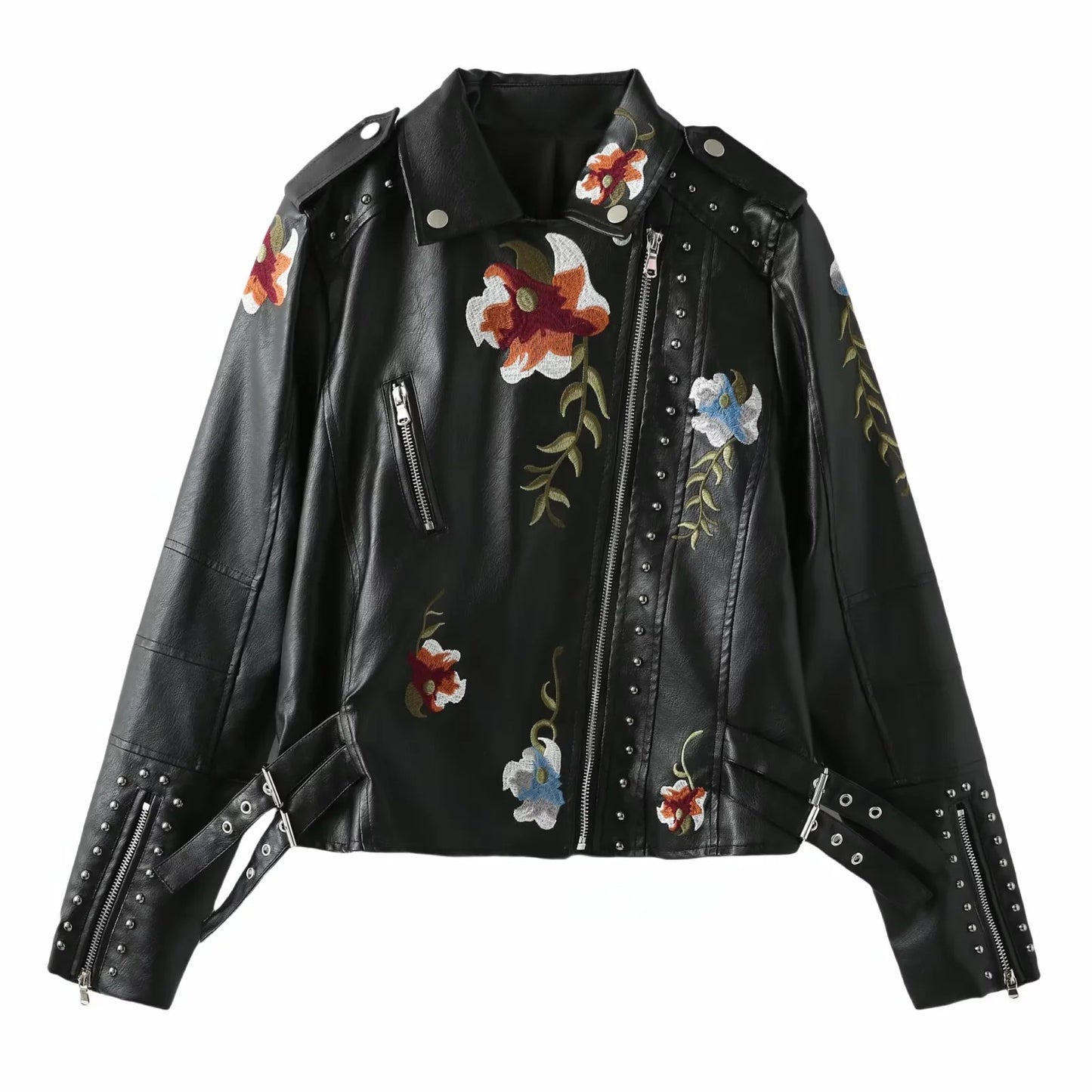 Biker jacket in faux leather for women with embroidered floral design and stud embellishments Chic and Style
