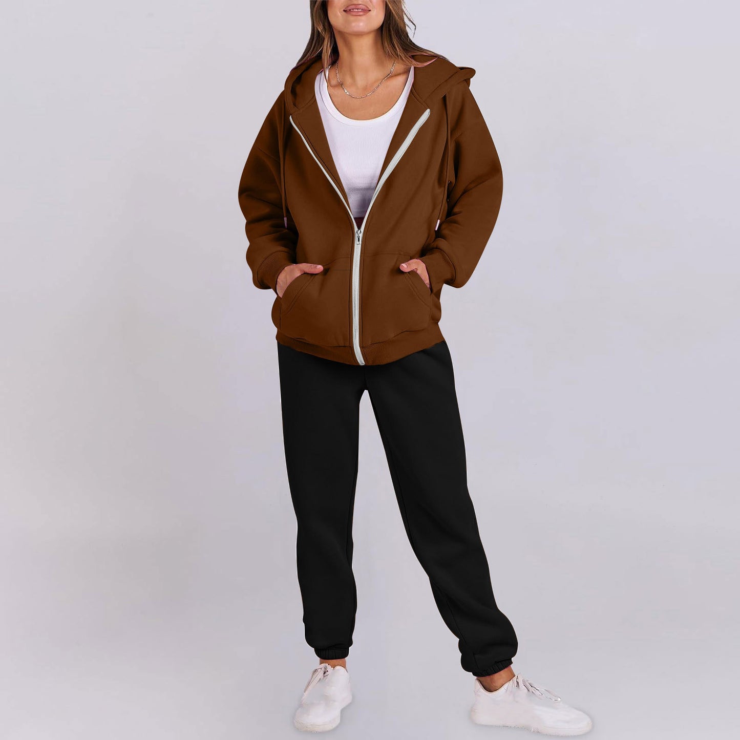 Women's casual zip-up hoodie with a comfortable fit and chic jogger pants