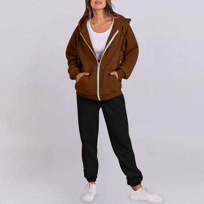 Women's casual zip-up hoodie with a comfortable fit and chic jogger pants