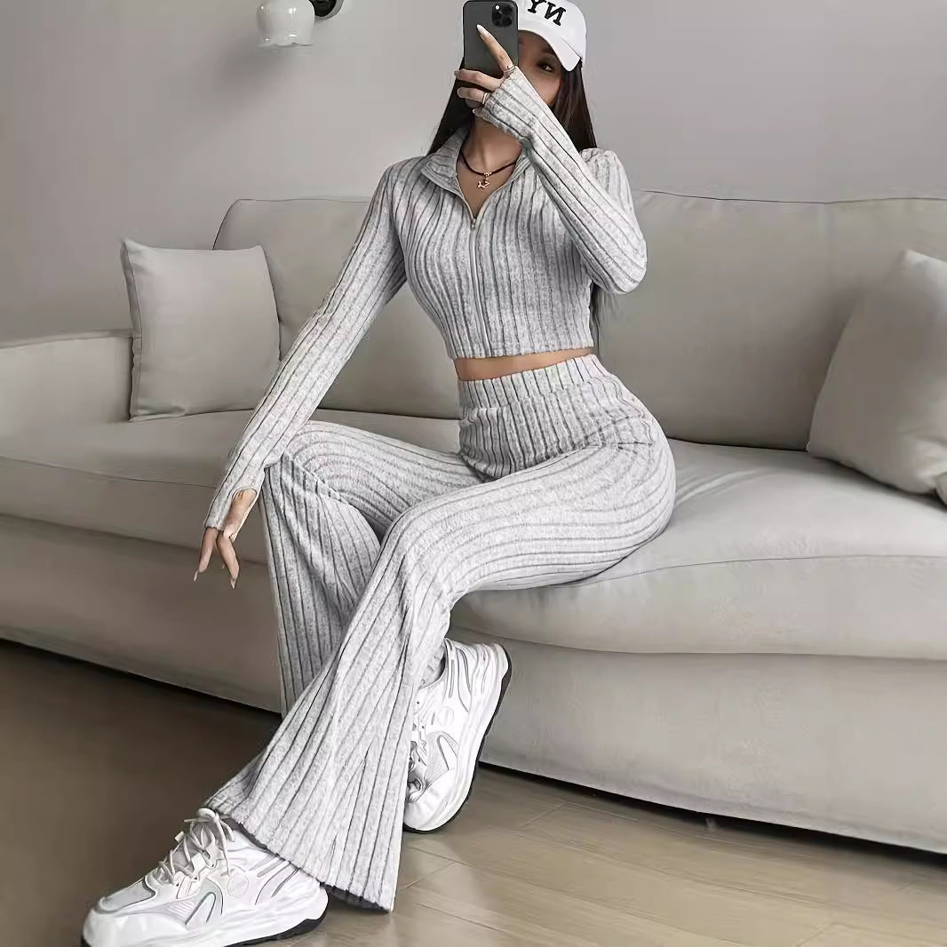 Modern knit set for ladies with cropped top and wide pants Chic and Style