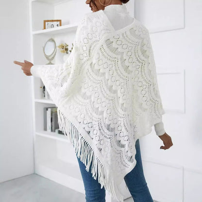 Dames Élegant Poncho en Crochet avec Franges Chic und Stil
