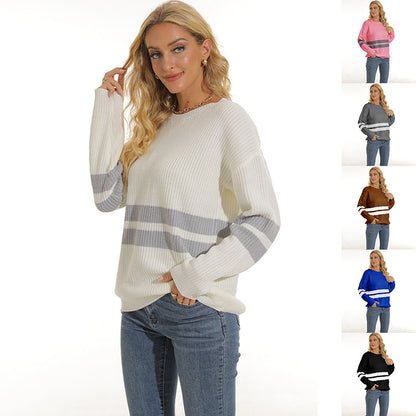 Chunky knit pullover for women with sporty striped pattern and relaxed fit Chic and Style