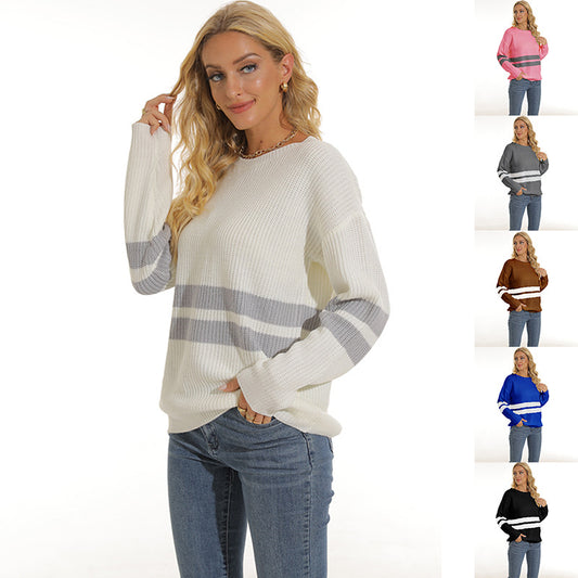Chunky knit pullover for women with sporty striped pattern and relaxed fit Chic and Style